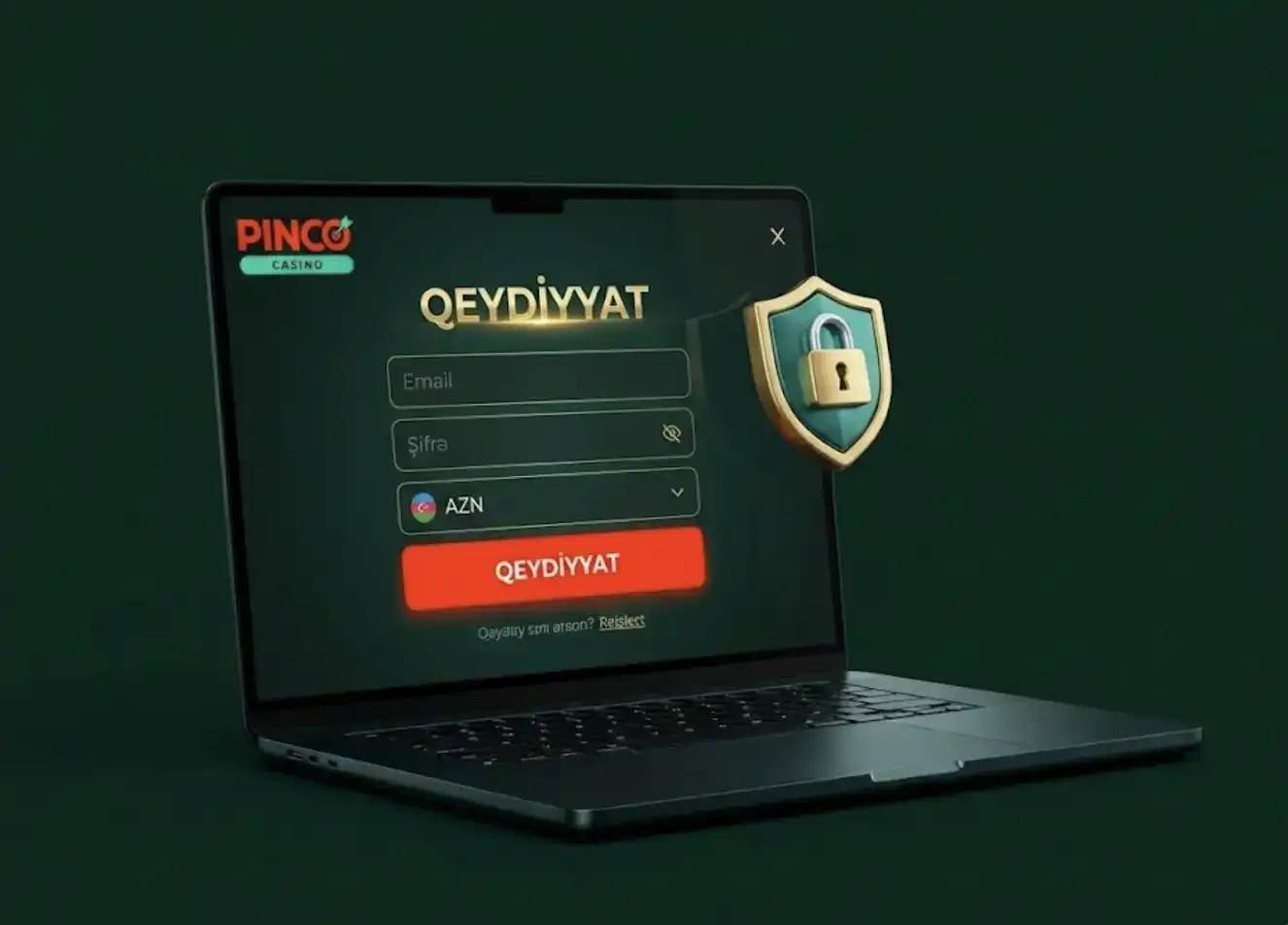 Pinco qeydiyyat prosesi noutbuk ekranında, qırmızı qeydiyyat düyməsi və təhlükəsizlik işarəsi